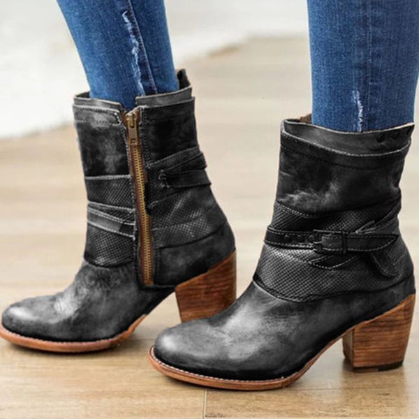 

women western flat boots waterproof leather comfortable buckle zipper shoe cowboy low-heeled ankle motorcycle boots plus size 43, Black
