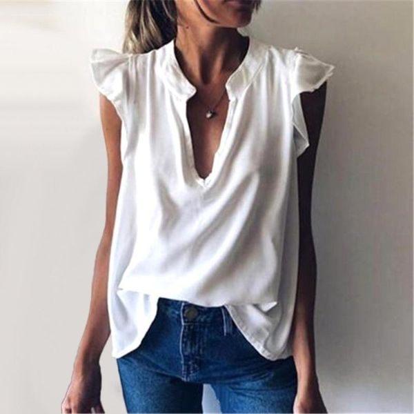 

women's blouse harajuku love fashion solid color v neck short ruffled sleeve loose summer femme clothes, White