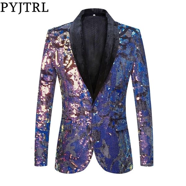 PYJTRL Moda Uomo Blu Oro Rosso Paillettes Blazer di Velluto DJ Cantante Lucido Paillette Slim Fit Giacca Partito Prom Dress Costume 201104