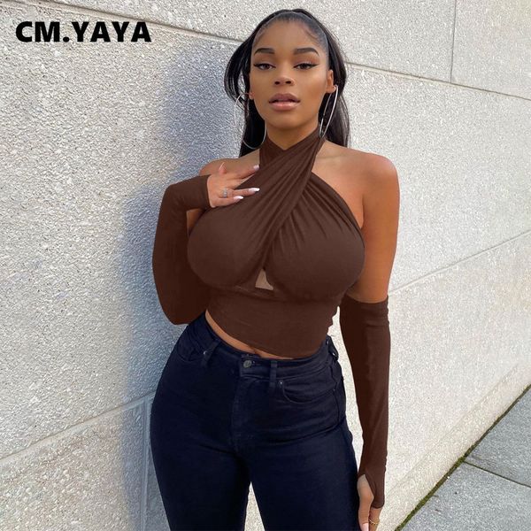 

cross halter solid short crop with oversleeve pleated design backless bar club night party clothes for women, White