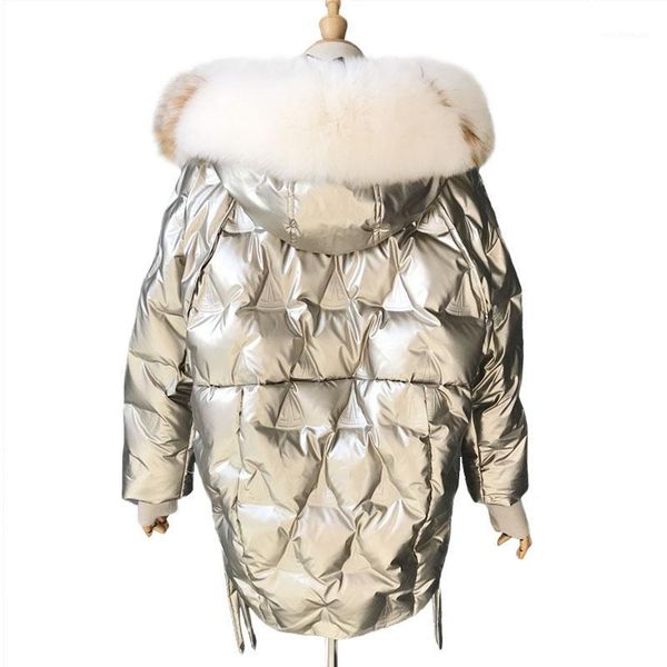 

winter glossy down parka thick women waterproof coat large size loose warm snow shiny overcoat real fur collar down coat1, Black