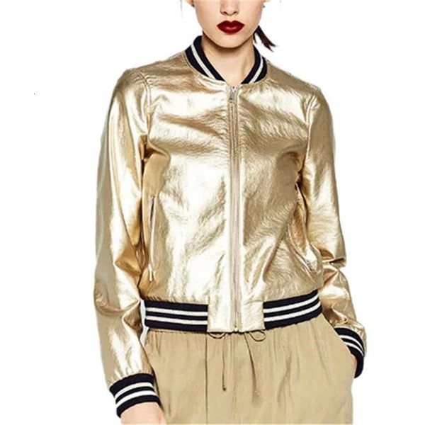 

2021 spring gold silver bomber jacket women basic coats striped stand neck casual jackets outerwear jaqueta feminina, Black;brown