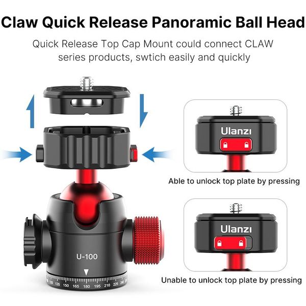 

lighting & studio accessories ulanzi u-100 claw pd quick release panoramic ballhead 1/4'' base mount plate and cold shoe 2 in 1 de