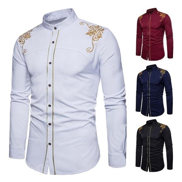 

men's casual shirts men fashion embroidery flower button stand collar long sleeve shirt blouse male dress size s-2xl, White;black