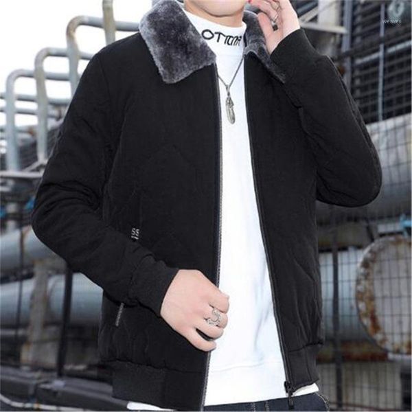 

2020 winter new style men's cotton-padded jacket short fur collar coat clothes parkas1, Black