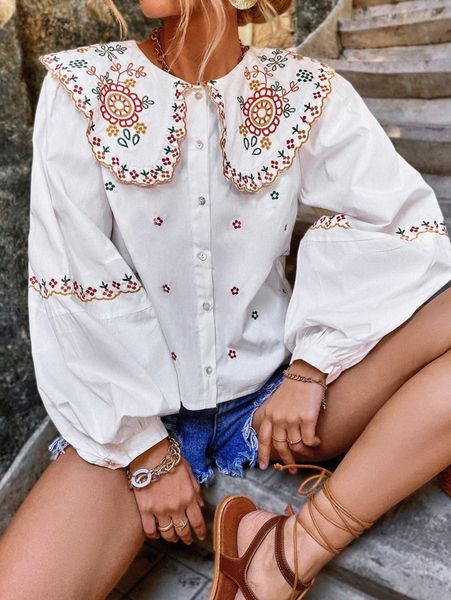 

floral embroidery statement collar bishop sleeve blouse q3tf#, White
