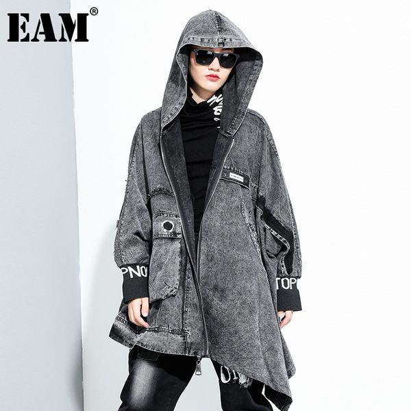 

[eam] loose fit black denim big size irregular jacket new hooded long sleeve women coat fashion tide spring autumn 1da093 201026, Black;brown
