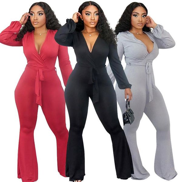 

jumpsuits plus size deep v-neck long sleeve high waist rompers elegant lace-up solid color party wide leg pants 2021, Black;white
