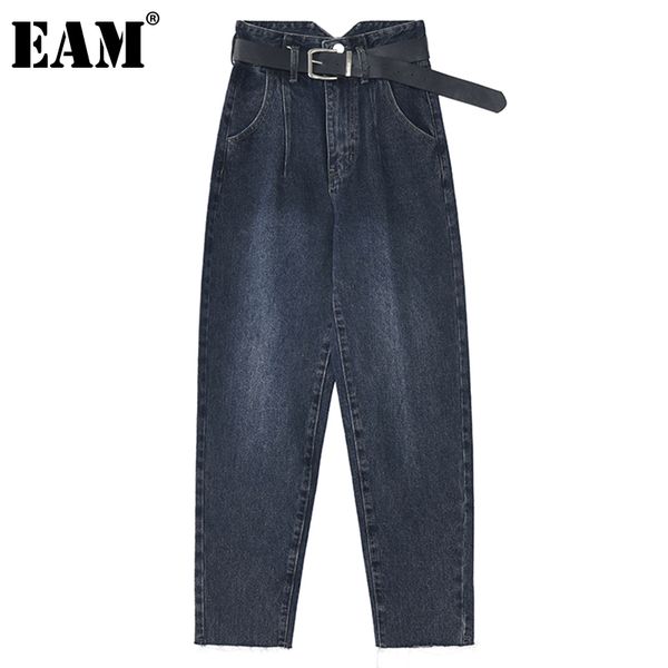 

eam] long wide leg blue pleated harem jeans new high waist loose women trousers fashion tide spring autumn 2021 1dd1720 y1214