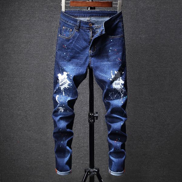 

personalized printed jeans slim elastic leggings men's wear, Blue