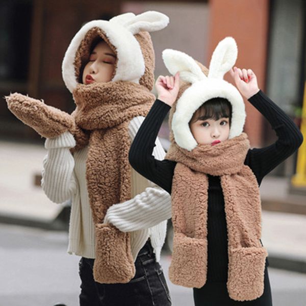 

winter girl bib new one-piece hooded parent-child cute rabbit ears warm thick plush scarf gloves hat three-piece hat scarf gloves, Blue;gray