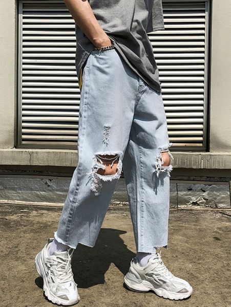 

men distressed asymmetrical hem jeans q3iz#, Blue