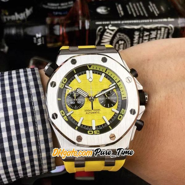 Новый Diver VK Miyota Quartz Chronograph Мужские часы Желтый циферблат Секундомер Черный дополнительный стальной корпус Желтый каучуковый ремешок Мужские спортивные часы Pure_Time B13A5