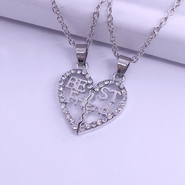 

pendant necklaces 2 pcs fashion friend necklace sets hollow broken heart alloy rhinestone for men and women gift jewelry, Silver