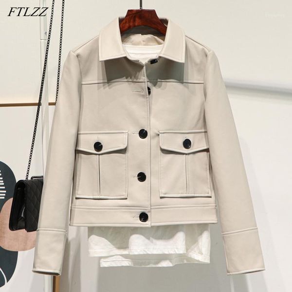 

ftlzz autumn leather jacket women single breasted short design coat motorcycle blouse pocket lapel soft pu leather jacket1, Black