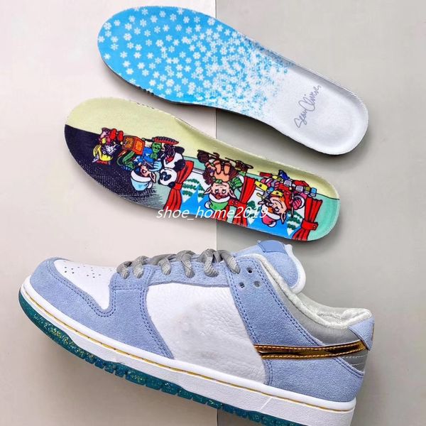 

sean cliver x sb dunk pro qs low winter valentine's day skateboard shoes men white psychic blue metallic gold zapatos dc9936-100 36-45