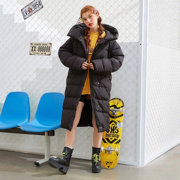 

metersbonwe long warm down jacket women winter warm 90% white duck down hooded female turndown collar coat winter outwear 738705 c1204, Black