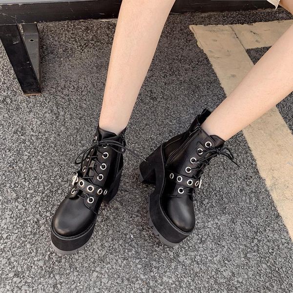 

boots winter lace up shoes chunky women high heels black leather 2021 snow punk platform wedge ymb181