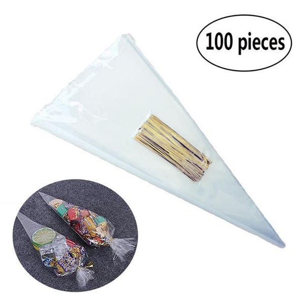 

100pcs/lot diy candy bag wedding favors birthday party decoration sweet cellophane transparent cone storage with transparent bag
