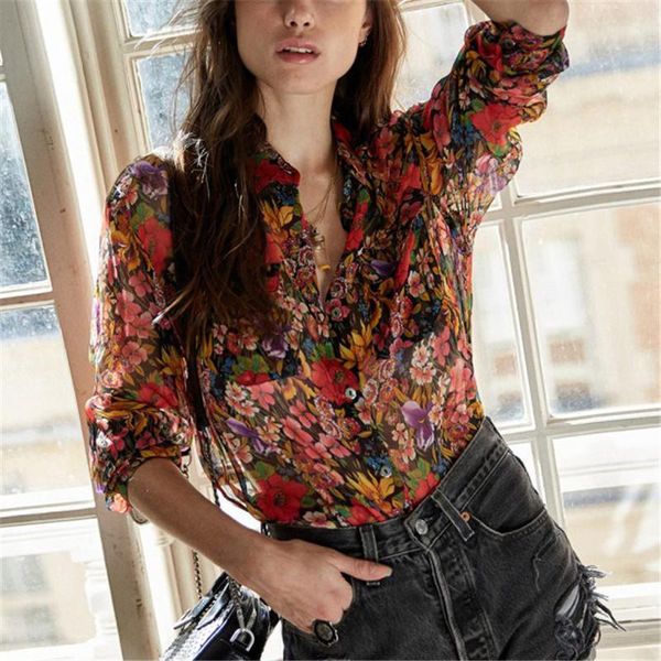 

women floral print blouses fashion basic lapel long sleeve shirt women's loose clothing asymmetry, White