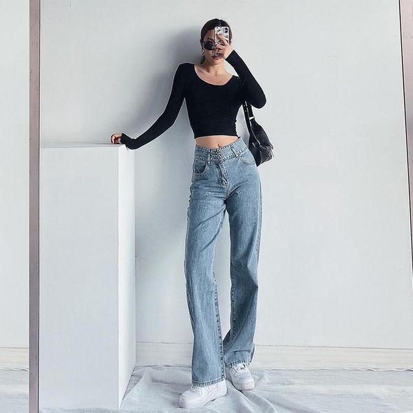 

europe high waist wide leg pants women's new autumn 2020 two button straight loose skinny jeans denim trousers jp1p, Blue