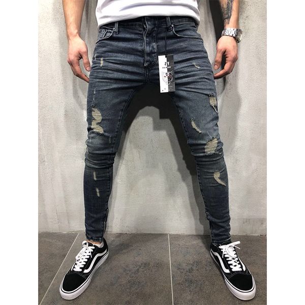 

men's jeans wish cross-border denim ripped feet zipper slim jeans men's trend, Blue