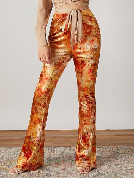 

tie dye velvet flare leg pants 93pg#, Black;white