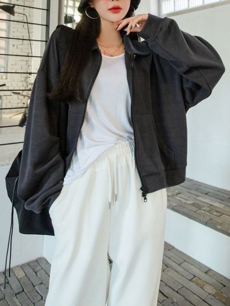 

dazy drop shoulder slant pockets zip up sweatshirt 763f#, White;black