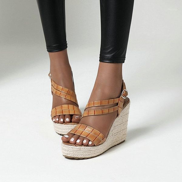 

classic wedges high heels platform women sandals 2020 summer prints pu leather buckle women wedges party shoes1, Black