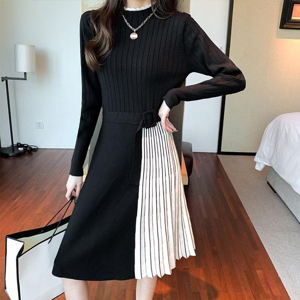 

elegant sashes o neck knit dress women 2021 hit color autumn winter long sleeve sweater dress ladies clothing, Black;gray