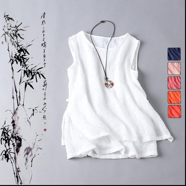 

2021 summer new arts style women sleeveless tank cotton linen casual white femme vintage tank plus size s731