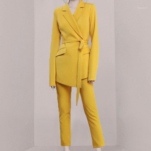 

women pants suits set for work 2 two piece business work formal wear ladies elegant stylish notched blazer jacket with belt1, White