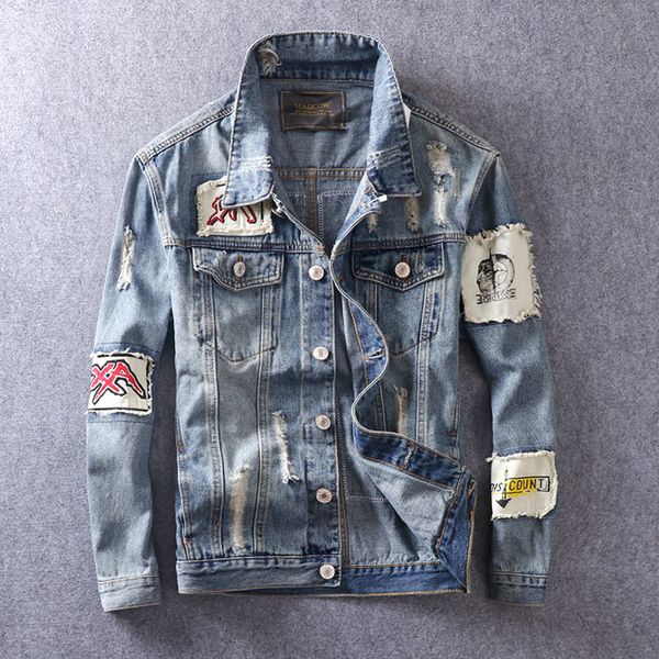 

2021 new spring autumn fashion jackets retro blue patches designer hip hop denim jacket men coat streetwear biker chaqueta homme rfgc, Black;brown