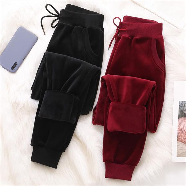 

2020 new womens gold velvet track pants plus velvet thickening students loose comfortable stretch high waist harem casual pants, Black;white