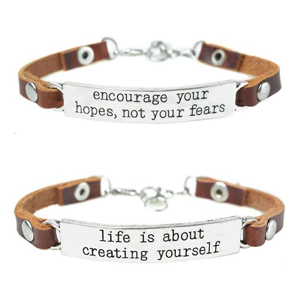 

genuine leather bracelet bangle for men women letter engraved inspiration bracelet nameplate charm friendship jewelry, Golden;silver