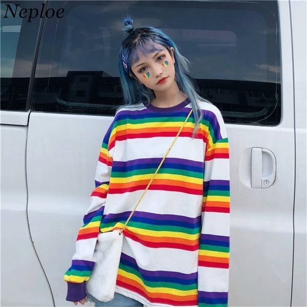 Neploe Kore Harajuku Gökkuşağı Çizgili T-shirt Uzun Kollu Tshirt Kadın Bahar Tee Gömlek Kadın Rahat Giyim 36602 T200110 Tops