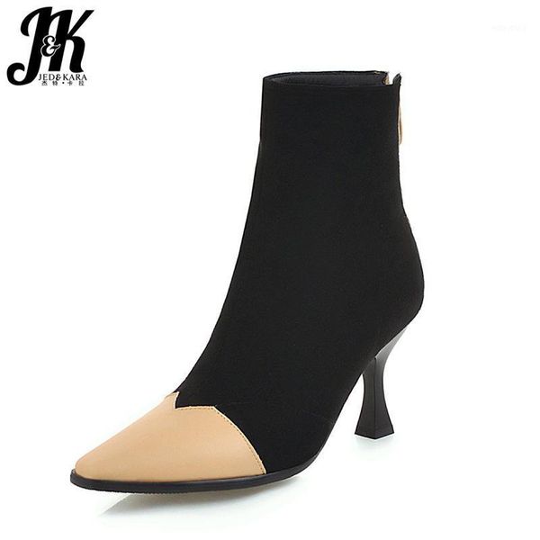 

jk plus size 34-48 ankle women ankle boots square toe zip footwear flock female boot pu high heels shoes women 2020 new winter1, Black