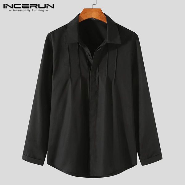 

incerun 2021 men casual shirt turn down collar button streetwear long sleeve leisure blouse korean solid color fashion camisas, White;black