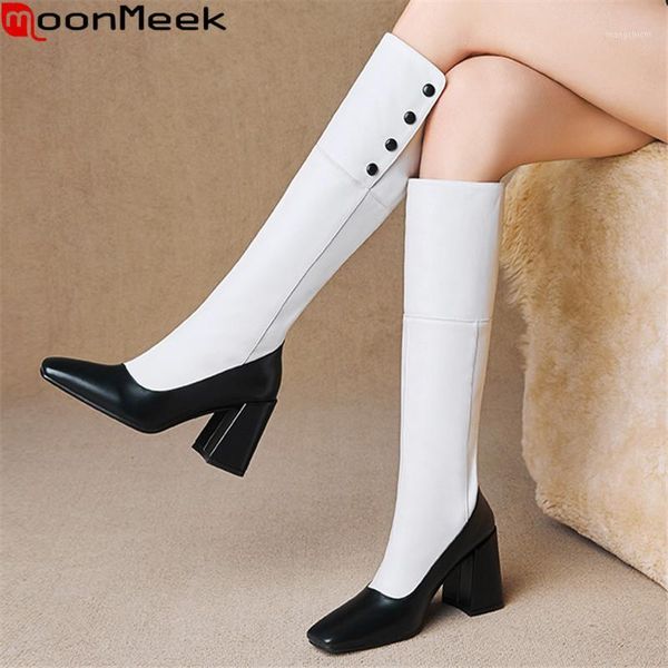 

moonmeek 2021 big size 33-42 women boots thick high heels square toe winter knee high boots genuine leather black white1