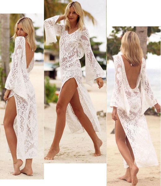 

2019 women's white v neck backless solid floral lace and mesh crochet beachwear cover up dress plus size xl, Black;gray