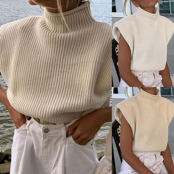 

turtleneck sleeveless vest sweater women 2020 with shoulder pads knitted pullover autumn winter jumper casual fashion1, White;black