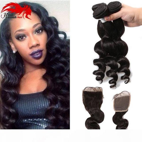 

loose wave virgin hair with closure unprocessed mink brazilian loose wavy human hair weave 4 bundles loose wave with closure, Black
