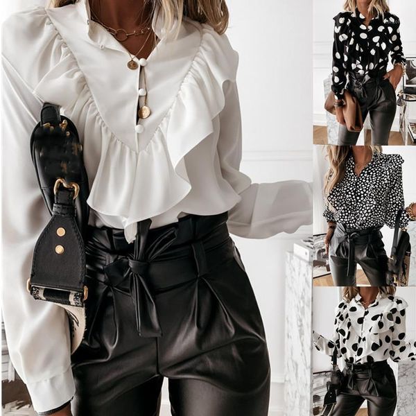 

chronstyle women deep v-neck ruffles shirt blouse 2021 dots print outwear casual long sleeve loose long sleeve shirts1, White