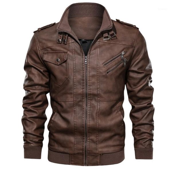 

men autumn winter casual vintage zipper stand collar solid imitation leather coat bomber zipper jacket male jaqueta1, Black
