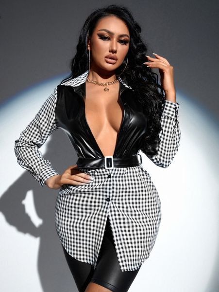 

sxy gingham contrast pu leather belted blouse g01d#, White