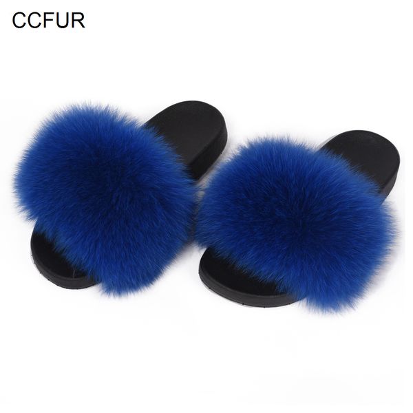 

real fox fur slipper women slides sliders fashion spring summer autumn fluffy fur lady s6018 y200706, Black