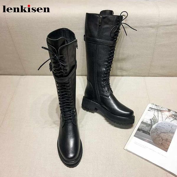 

lenkisen brand knight boots genuine leather med heels round toe buckle straps lace up winter women warm thigh high boots l351, Black