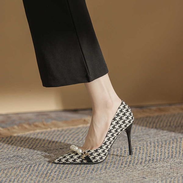 

dress shoes high heels pointed heel's thin winter versatile metal chain shallow mouth pearl fashion color matching single shoes, Black