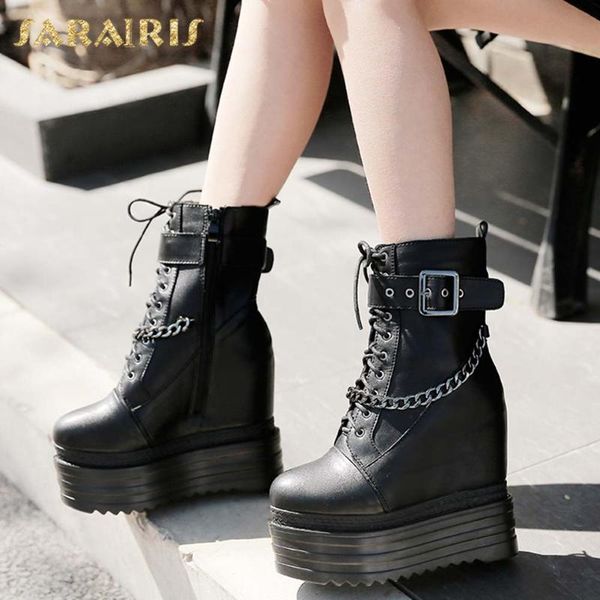 

boots sarairis 2021 platform gothic trendy woman shoes punk style chain zipper super heels bootie ladies, Black