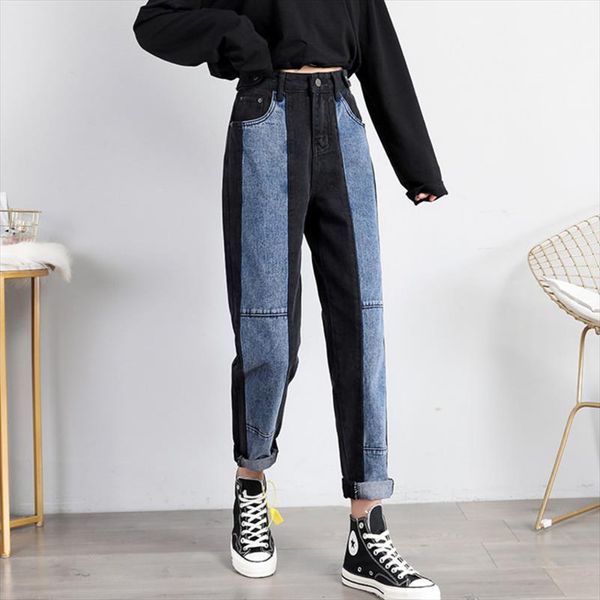 

дикс] джинсы женская лодыжка длина лоскутное сращивание красочные высокие талии кнопка гарм брюки мода тонкие дикие женщины брюки ar450, Blue